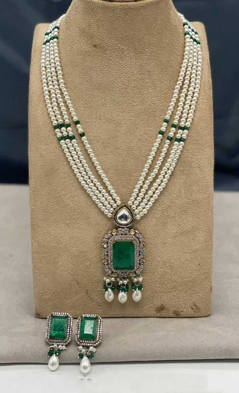 Exclusive Green & White Coloured Premium Quality Pure Brass with Pearls Real Victorian set with Earrings for Women!!