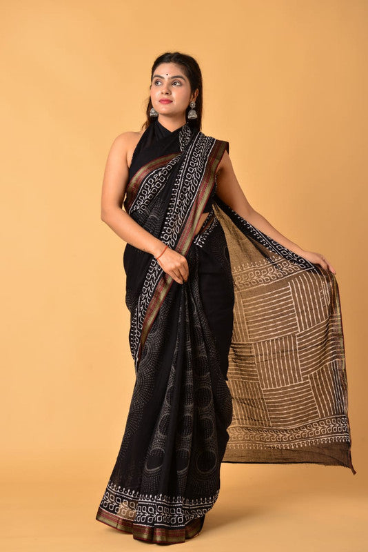 Black & Multi Coloured Pure Cotton with Beautiful Hand Block Printed Women Party/Daily wear Designer Cotton Saree with Blouse!!