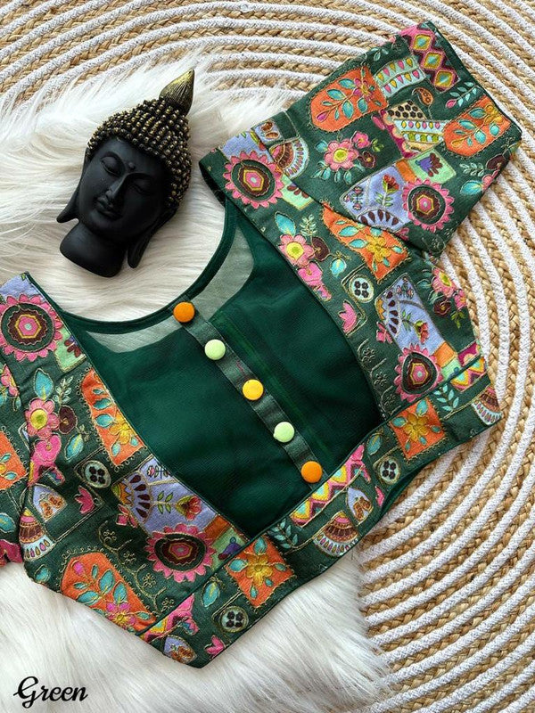 Green & Multi Coloured Premium Malai Silk Multi Work 5 Colour Button Woman Ready made Designer fancy Blouse- Free Size Up to 42 Inch!!