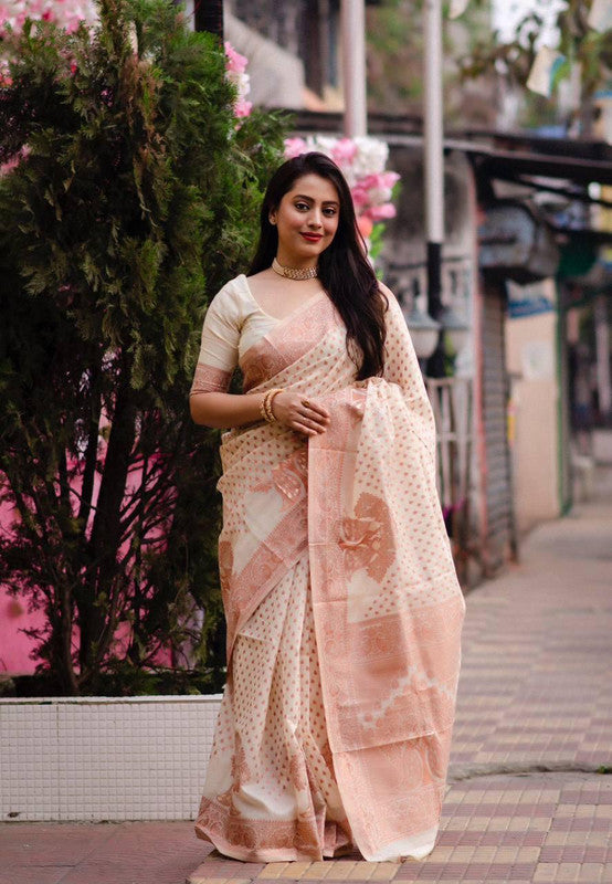 Cream Coloured Soft Cotton with Copper Zari woven Design Women Designer Party/Daily wear Full length Saree with Blouse!!