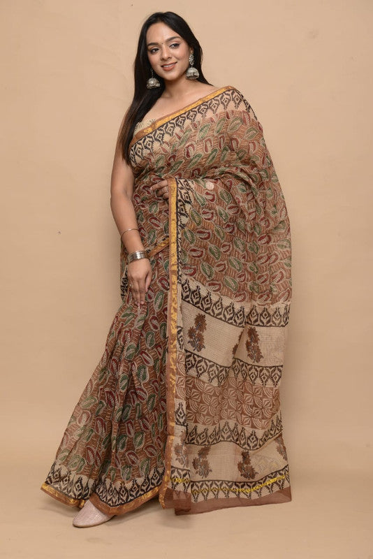 Beige & Multi Coloured Kota Doria with Hand Block Printed Jari Border Women Party/Daily wear Designer Kota Doria Saree with Blouse!!