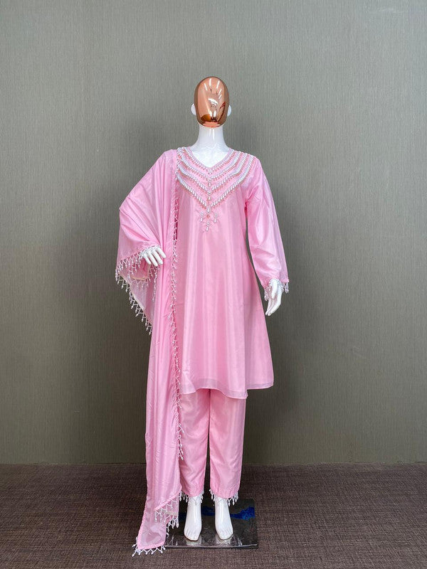 Light Pink Coloured Muslin Silk with Heavy Hand work Moti Lace work Women Fully Stitched Designer Party wear Top with Pant & 4 Side Lace Border Dupatta!!