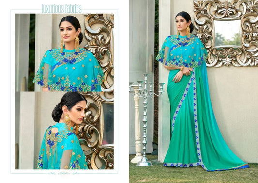 Rama Green Cadbury Chiffon Designer Saree with Double Blouse( 1. Plain Silk Blouse 2. Poncho Blouse)!!