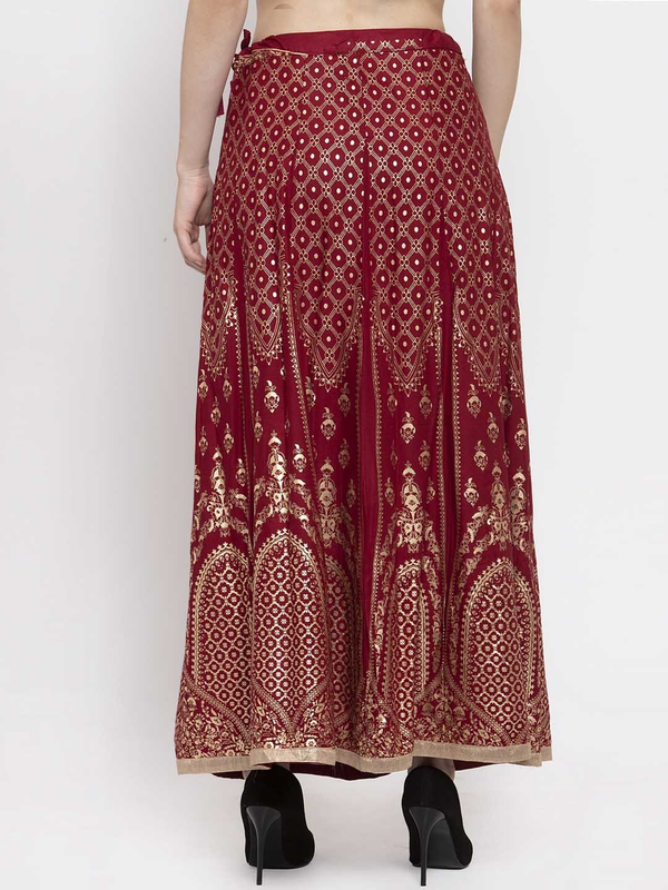 Gold Print Maroon coloured Rayon Skirt Free Size( 28 to 40 Inch)!!