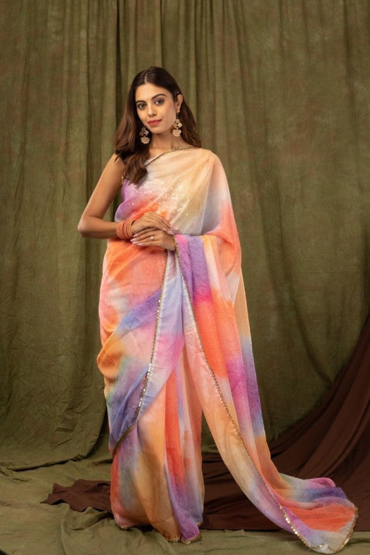 Cream & Multi Coloured Premium Khadi Organza with Digital print Women Party wear Oranza Silk Saree with Blouse!!