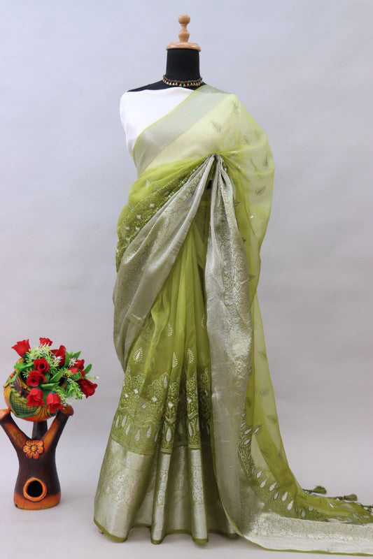 Pista Green Coloured Pure Organza Kora Silk Jaqucard Fnacy Hand dying Women Party wear Saree with Blouse!!