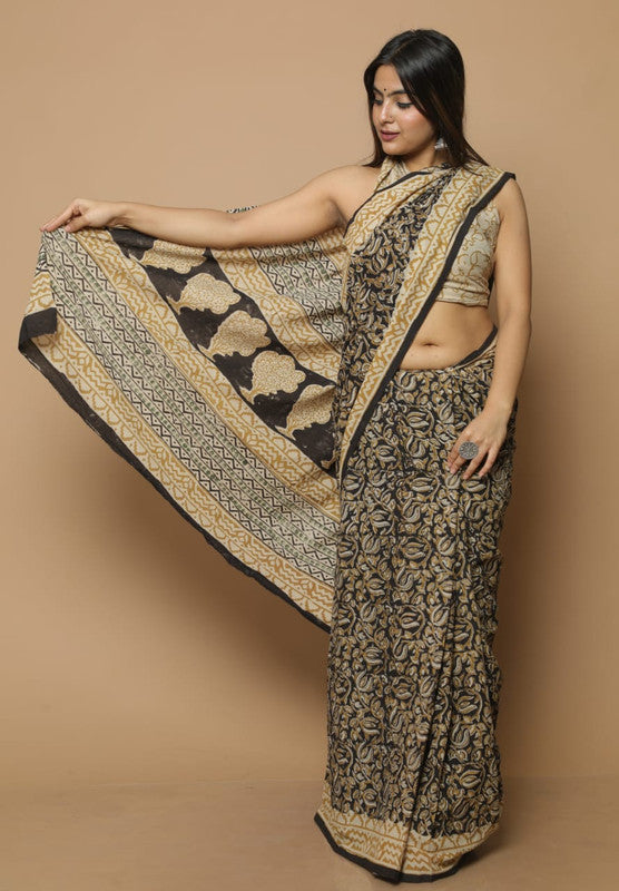 Black & Beige Coloured Pure Cotton with Beautiful Hand Block Printed Women Party/Daily wear Designer Cotton Saree with Blouse!!