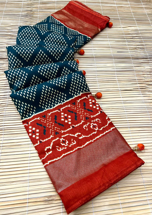 Maroon & Blue Coloured Soft Dolla Silk Patola Design with Heavy Foil Print & Fancy Tussels Women Party wear Saree with Blouse!!