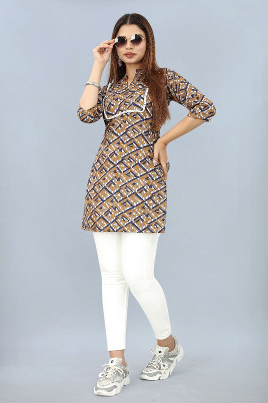 Light Brown Coloured Cotton Printed Lace Neck Borde 3/4 Sleeves Women Designer Daily wear Short Kurti!!