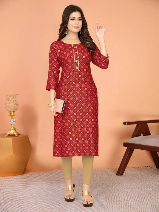 Maroon & Gold Coloured Premium Rayon Foil Print Women Round Neck & 3/4 Sleeves Designer Daily wear Kurti!!