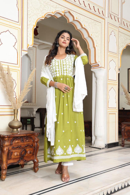 Green Rayon Chickankari Anarkali Kurti with Bottom & Dupatta!!