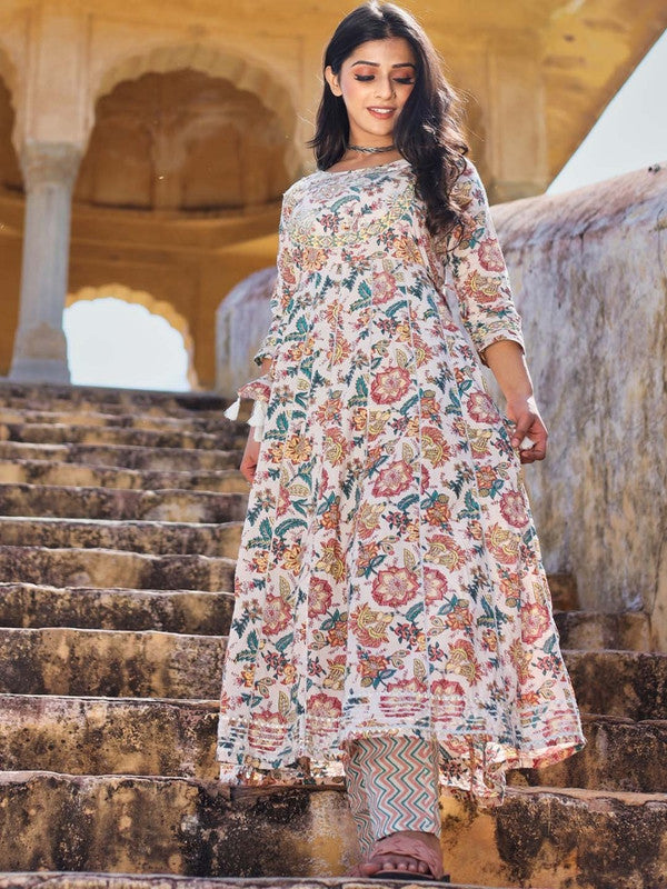 Cream Coloured Pure Cotton Ethnic motifs printed Round neck Women Designer Party wear Anarkali Kurta with Trousers!!