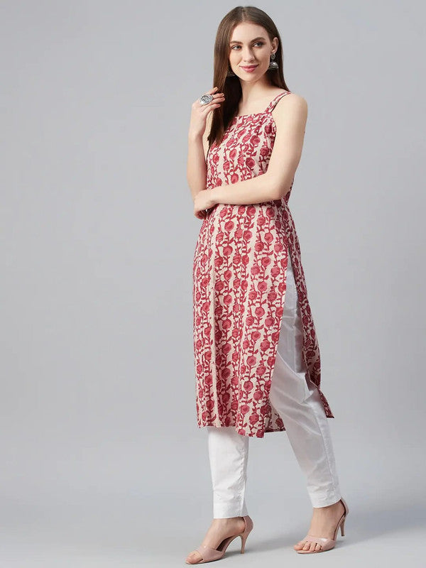 Pink Coloured Pure Cotton Printed Side slits Shoulder Straps Women Designer Party wear Straight Kurti!!