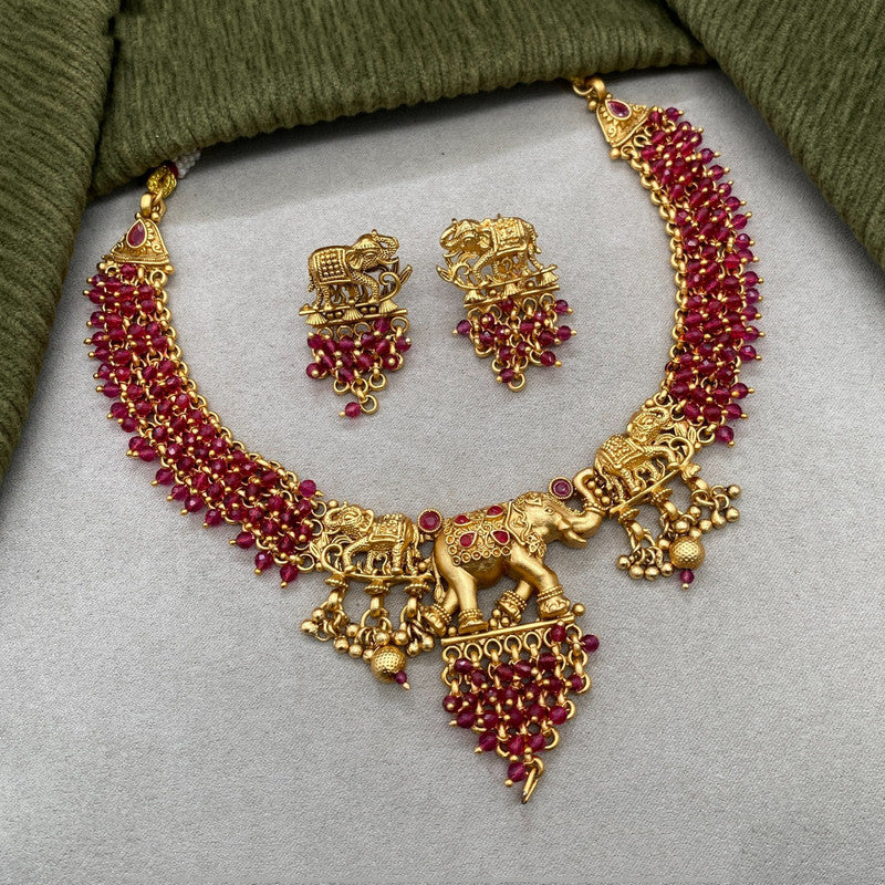 Beautiful Maroon & Gold Coloured Premium Quality Pure Brass Gold Plating Elephant Designer Necklace Jewellery set with Earrings!!