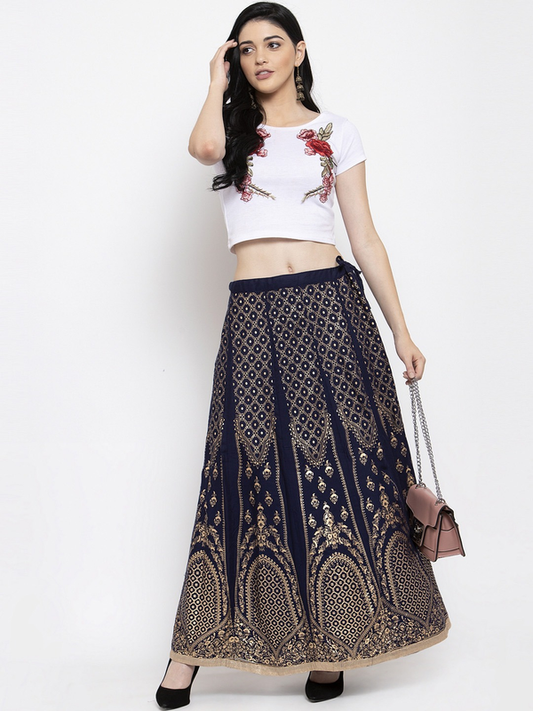 Gold Print Navy Blue coloured Rayon Skirt Free Size( 28 to 40 Inch)!!