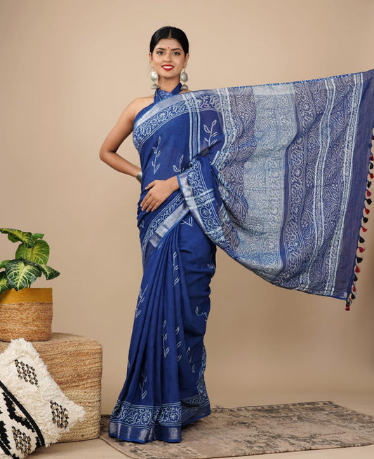 LINEN COTTON HAND PRINTED  SAREE WITH TAUSSAL