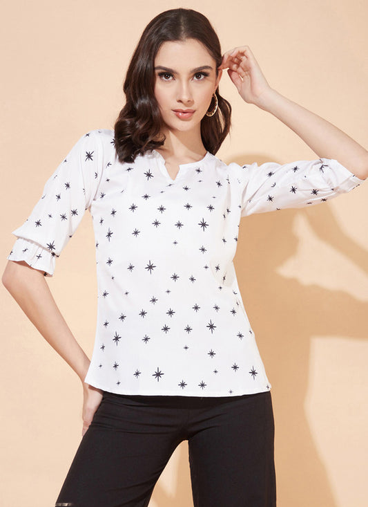 White Coloured Premium Crepe Prined 3/4 Sleeves Round Neck Women Daily wear Western Top!!