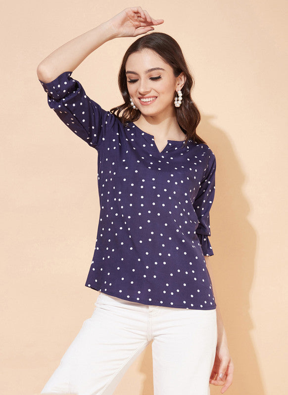 Navy Blue Coloured Crepe Prined Full Sleeves Round Neck Women Daily wear Western Top!!