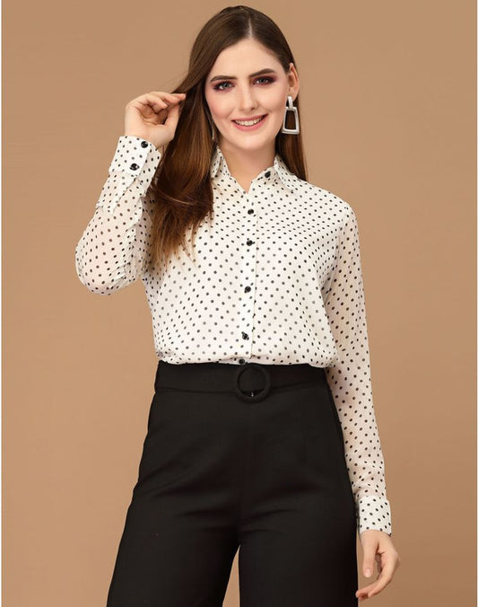 White Coloured Premium Crepe Chiffon Polka Dot Printed Full Sleeves Collar Neck Women Party wear Western Top!!