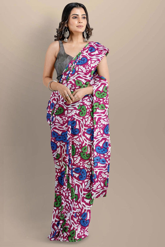 Pink & Multi Coloured Premium Mul Mul Cotton Beautiful Hand Block printed Women Daily/Party wear Saree with Blouse!!