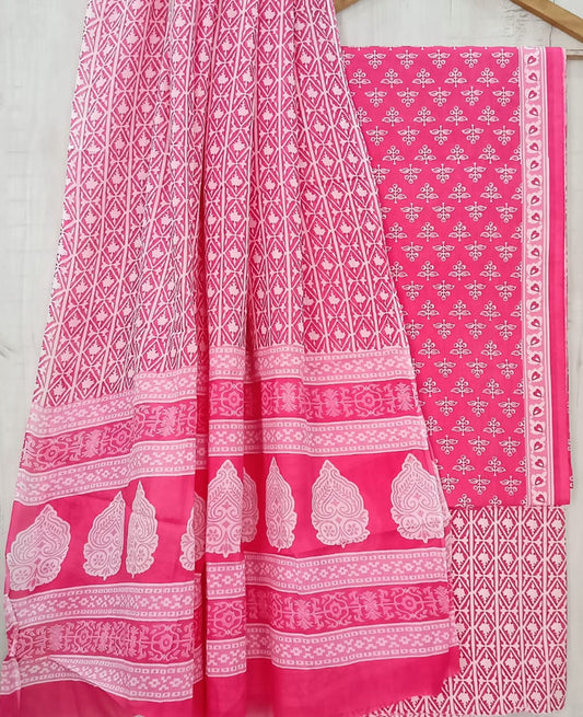 Pink & White Coloured Unstitched Pure Cotton Hand Block Printed Women Party/Daily wear Dress Material Suit- Top with Bottom & Cotton Dupatta!!