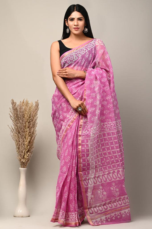 Pink & Multi Coloured Kota Doriya Cotton Beautiful Hand Block printed Women Daily/Party wear Saree with Blouse!!