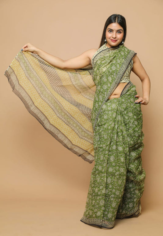 Green Coloured Kota Doria Hand Block Printed Cotton Saree with Blouse!!