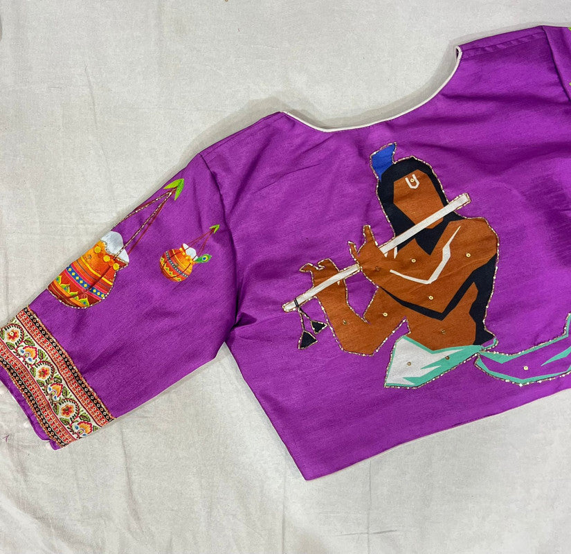 Purple Coloured Pure Silk with Handmade work  Woman Ready made Designer Botique Style Blouse- Free Size Up to 42 Inch!!