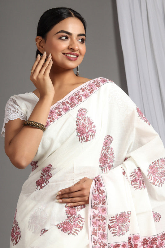 White & Pink Coloured Pure Cotton Beautiful Hand Block printed Women Daily/Party wear Saree with Blouse!!