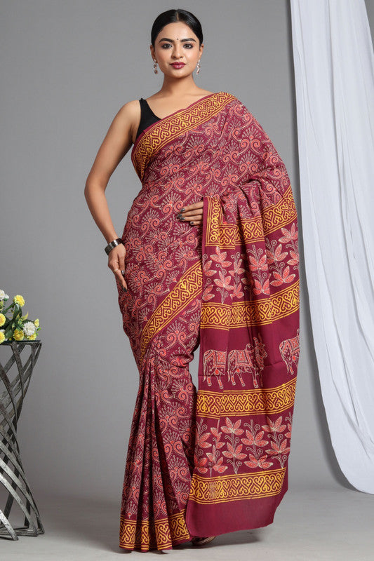 Maroon & Multi Coloured Pure Cotton Beautiful Hand Block printed Women Daily/Party wear Saree with Blouse!