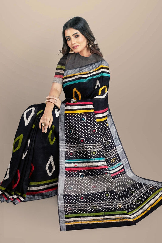 Black & Multi Coloured Linen Cotton Beautiful Hand Block printed Women Daily/Party wear Saree with Blouse!!