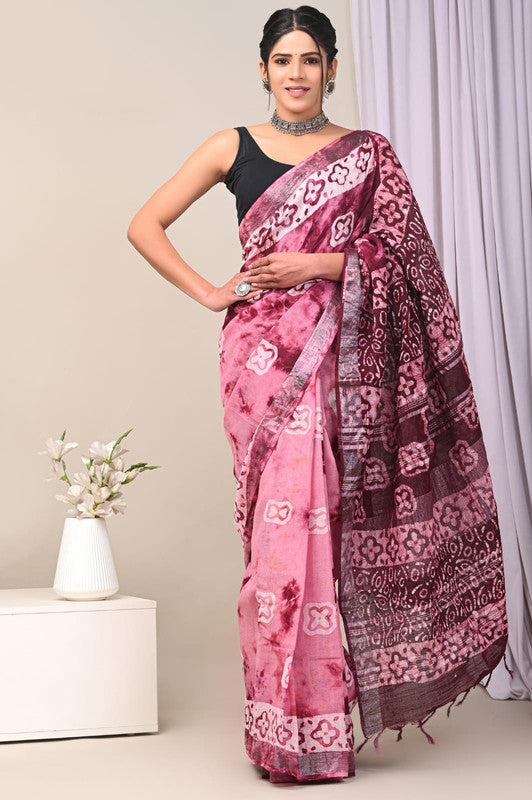 Pink & Multi Coloured Exclusive Hand Block printed Women Daily/Party wear Linen Cotton Saree with Blouse!!
