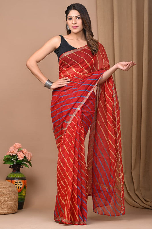 Red & Multi Coloured Kota Doriya Cotton Beautiful Hand Block printed Women Daily/Party wear Saree with Blouse!!