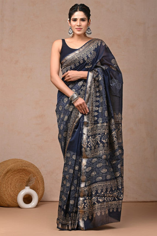 Navy Blue & Multi Coloured Hand Block Printed Women Designer Party wear Maheshwari Cotton Silk Saree with Runnin Blouse!!