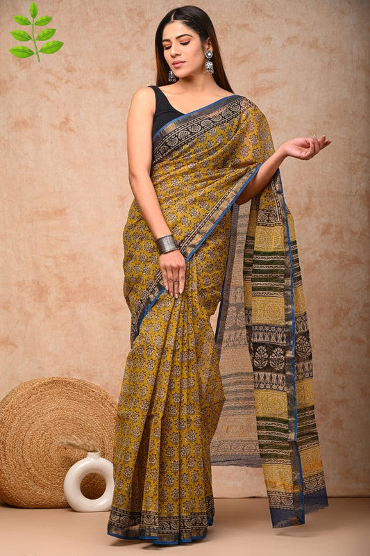 Mustard Yellow & Multi Coloured Kota Doriya Cotton Beautiful Hand Block printed Women Daily/Party wear Saree with Blouse!!