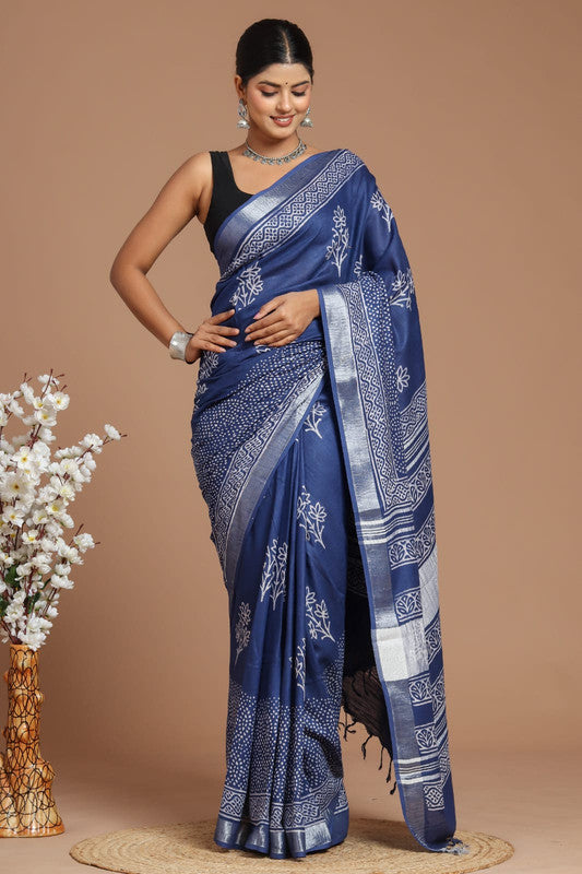 Blue & Multi Coloured Linen Cotton Beautiful Hand Block printed Women Daily/Party wear Saree with Blouse!!