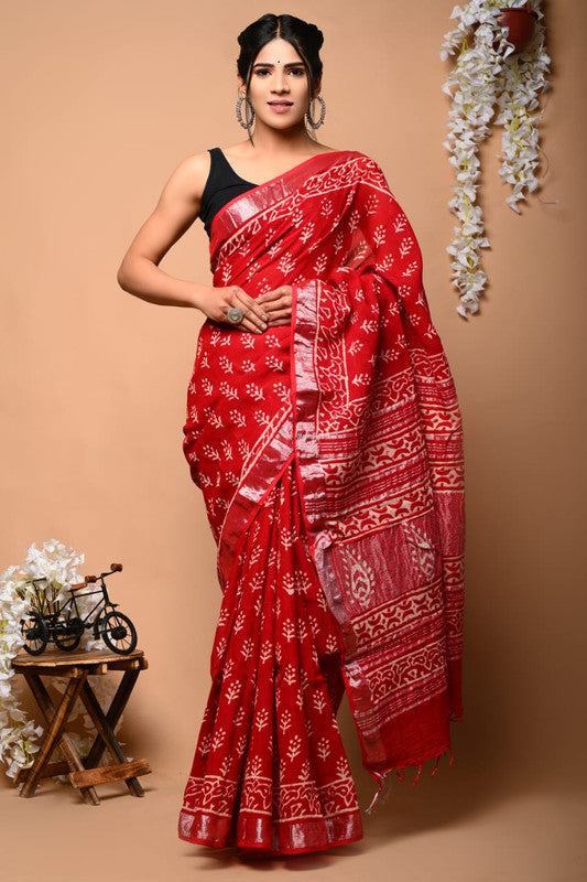 Red & Multi Coloured Linen Cotton Beautiful Hand Block printed Women Daily/Party wear Saree with Blouse!!