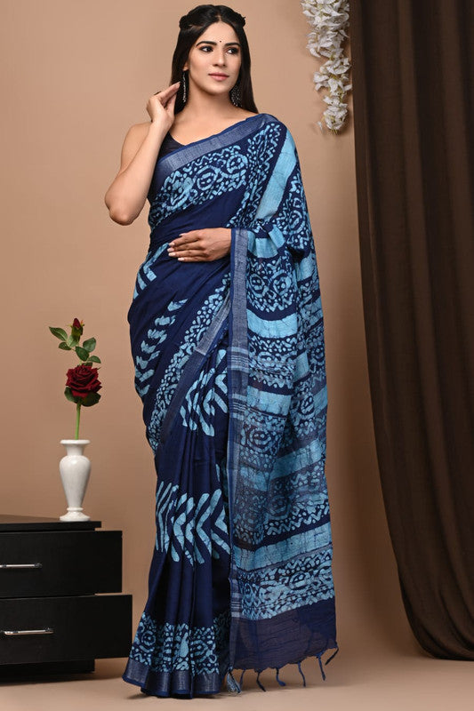 Latest Attractive Beautiful Designer Hand Block Print Linen Saree