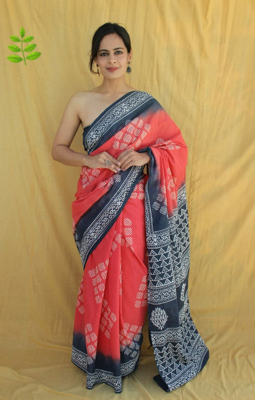 Pink & Grey Coloured Beautiful Hand Block printed Women Daily/Party wear Pure Cotton Saree with Blouse!!