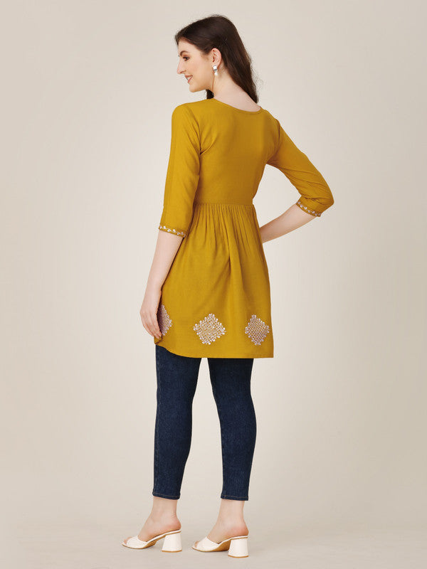 Mustard Yellow Coloured Premium Rayon with Embroidery & Sequence Work Round Neck 3/4 Sleeves work Women Party/Daily wear Western Top!!