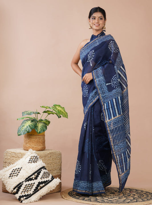 Navy Blue & Off White Coloured Hand Block Printed Women Designer Party wear Chanderi Cotton Silk Saree with Runnin Blouse!!