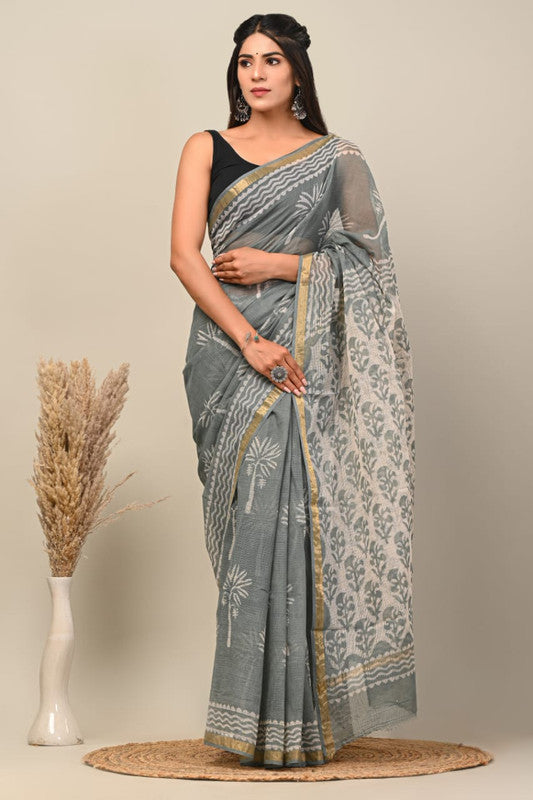 Grey & Multi Coloured Kota Doriya Cotton Beautiful Hand Block printed Women Daily/Party wear Saree with Blouse!!