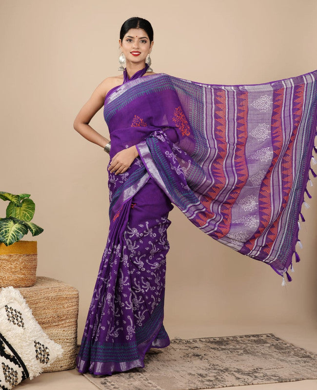 LINEN COTTON HAND PRINTED  SAREE WITH TAUSSAL