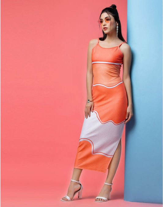 Orange & White Coloured Premium Lycra Digital Print sleeveless Women Party wear Western Dress!!
