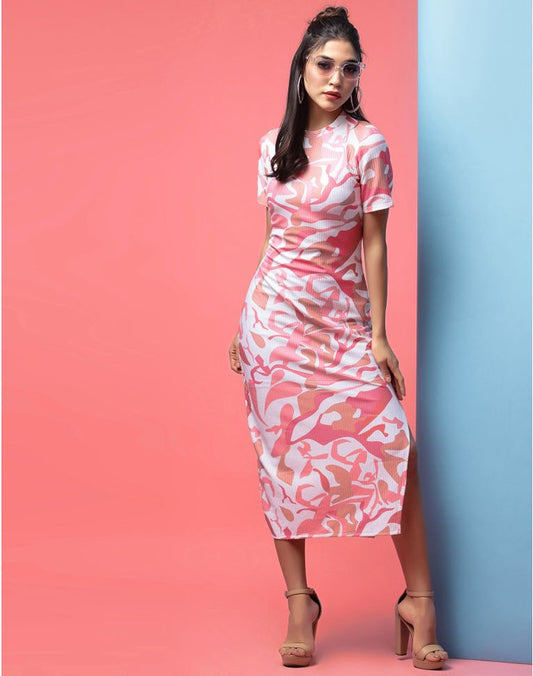 Light Pink & White Coloured Premium Lycra Digital Print Short sleeves Women Party wear Western Dress!!