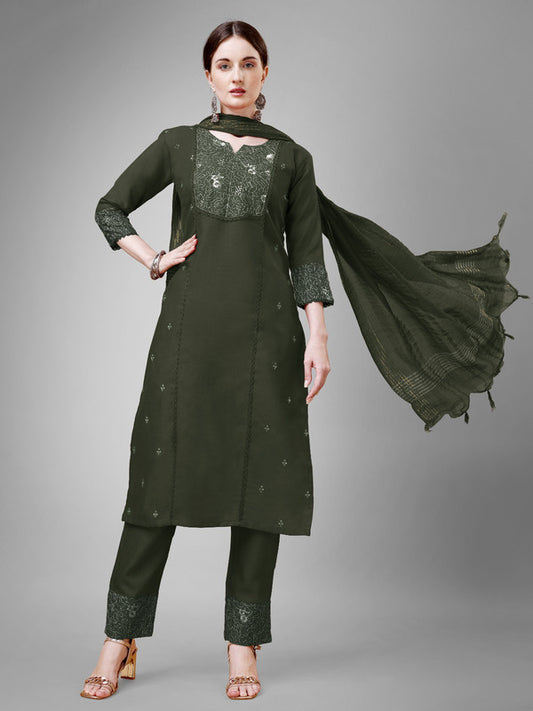 Drak Green Coloured With Embroidery & Fancy Lace Work Women Designer Party/Casual wear Cotton Kurti with Pant & Dupatta!!