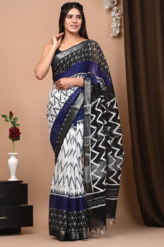 Latest Attractive Beautiful Designer Hand Block Print Linen Saree