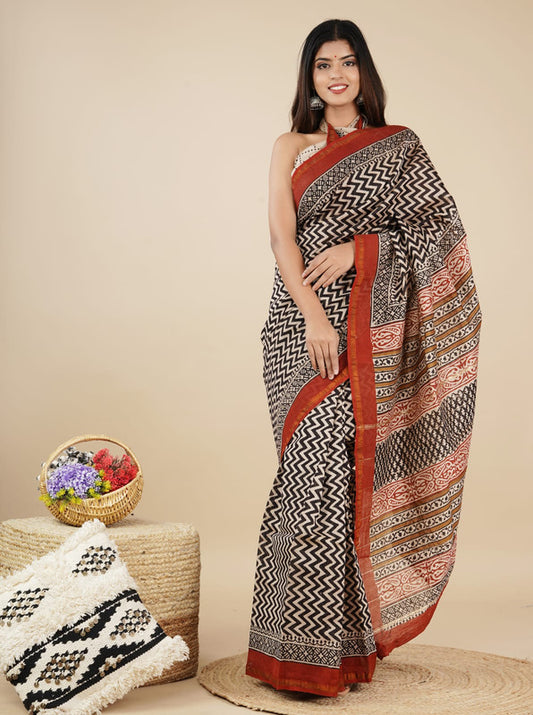 Brown & Multi Coloured Hand Block Printed Women Designer Party wear Chanderi Cotton Silk Saree with Runnin Blouse!!