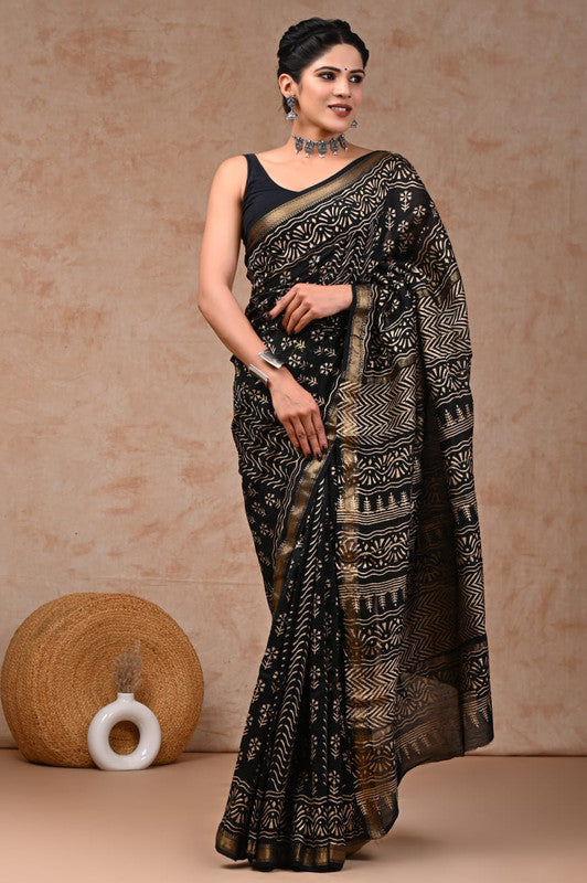 Black & Multi Coloured Hand Block Printed Women Designer Party wear Maheshwari Cotton Silk Saree with Runnin Blouse!!