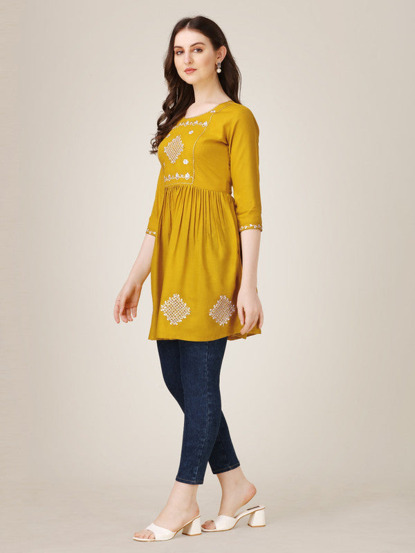 Mustard Yellow Coloured Premium Rayon with Embroidery & Sequence Work Round Neck 3/4 Sleeves work Women Party/Daily wear Western Top!!